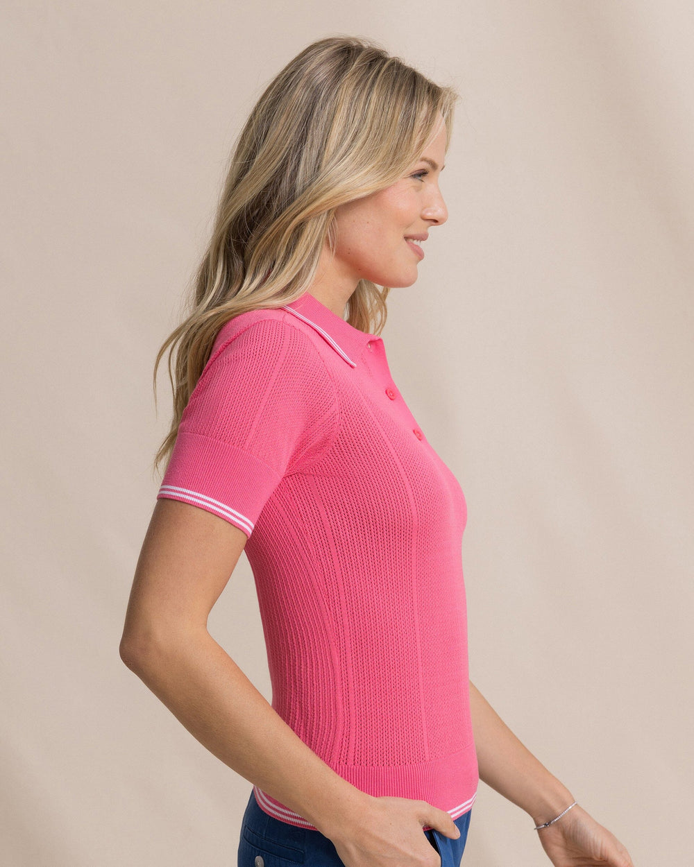 The side view of the Southern Tide Evi Polo Sweater by Southern Tide - Island Pink