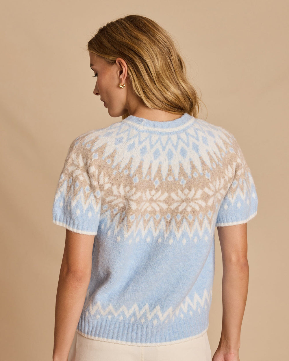 The back view of the Southern Tide Fair Isle Crewneck Short Sleeve Sweater by Southern Tide - Heather Ocean Channel