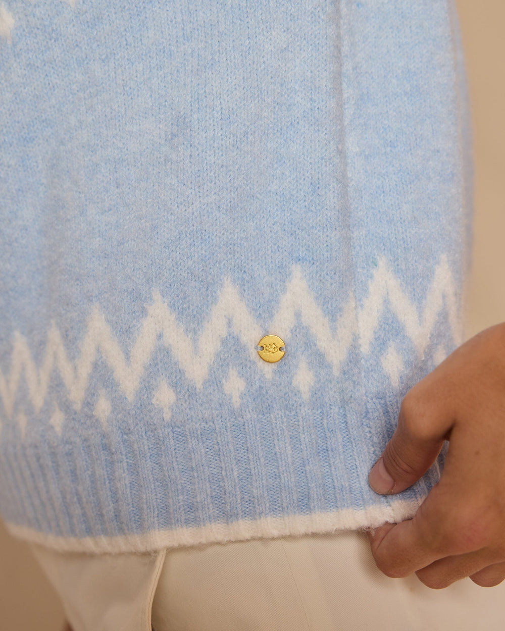 The detail view of the Southern Tide Fair Isle Crewneck Short Sleeve Sweater by Southern Tide - Heather Ocean Channel