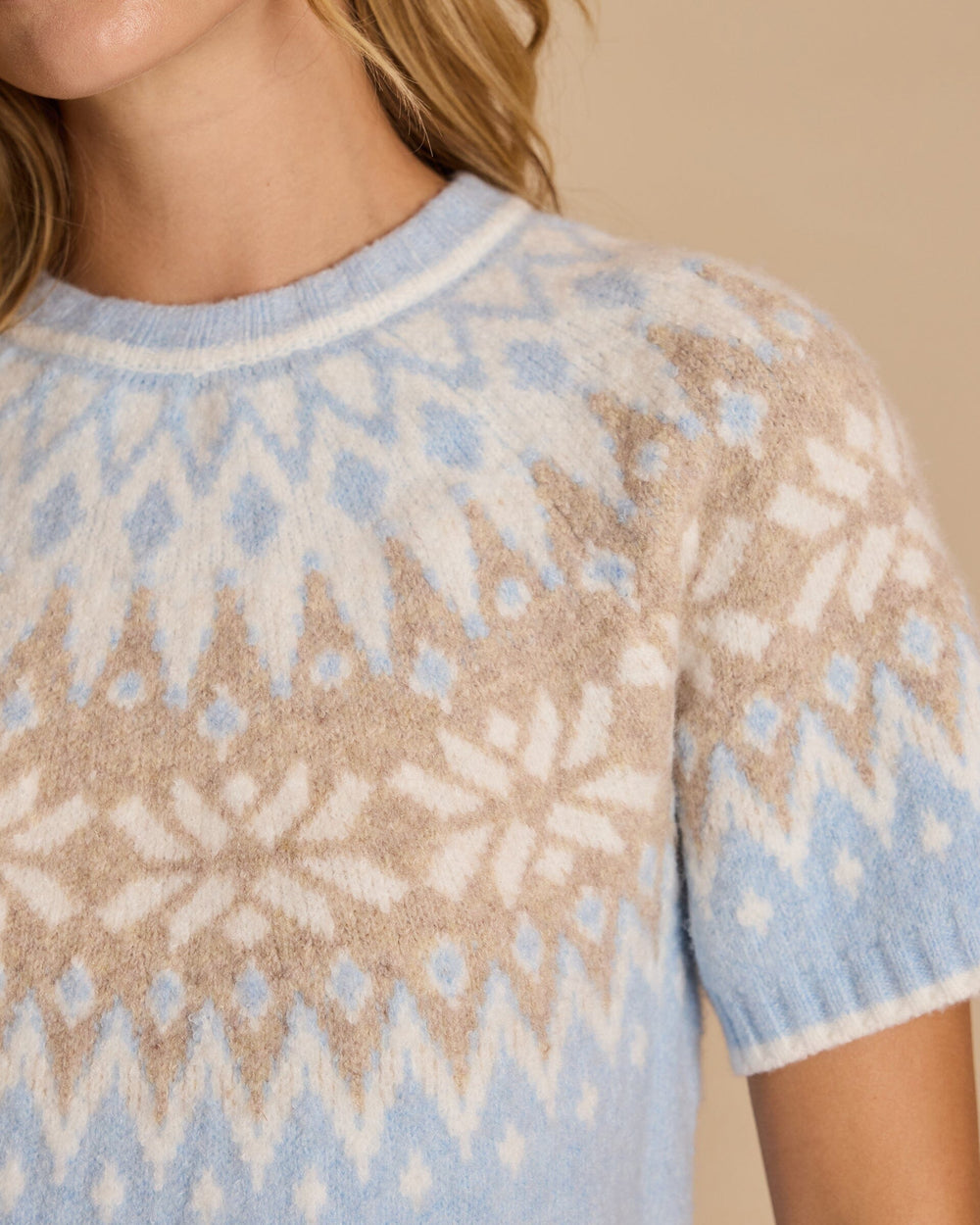 The detail view of the Southern Tide Fair Isle Crewneck Short Sleeve Sweater by Southern Tide - Heather Ocean Channel
