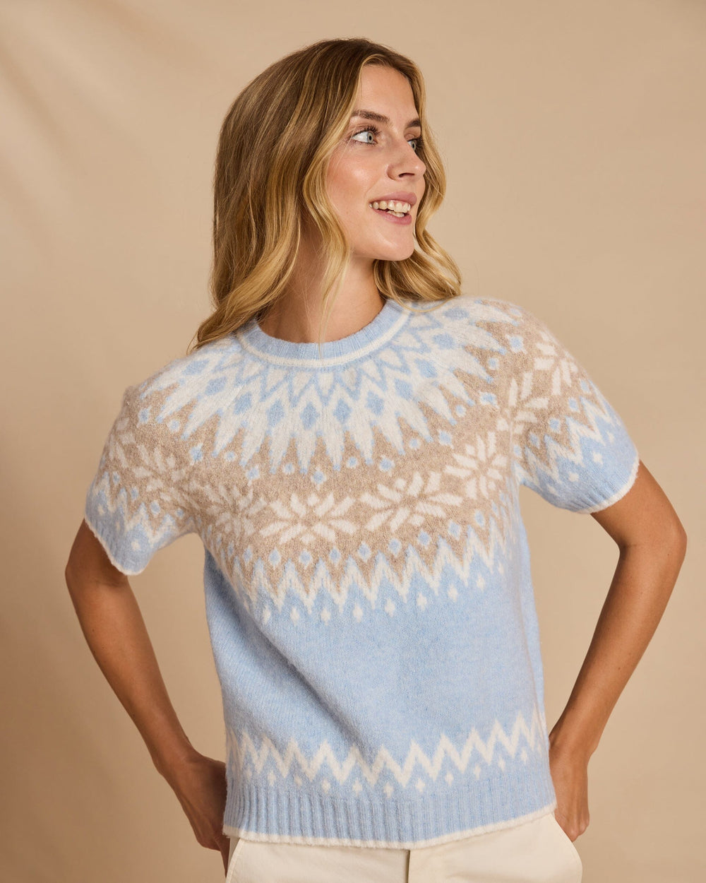 The front view of the Southern Tide Fair Isle Crewneck Short Sleeve Sweater by Southern Tide - Heather Ocean Channel