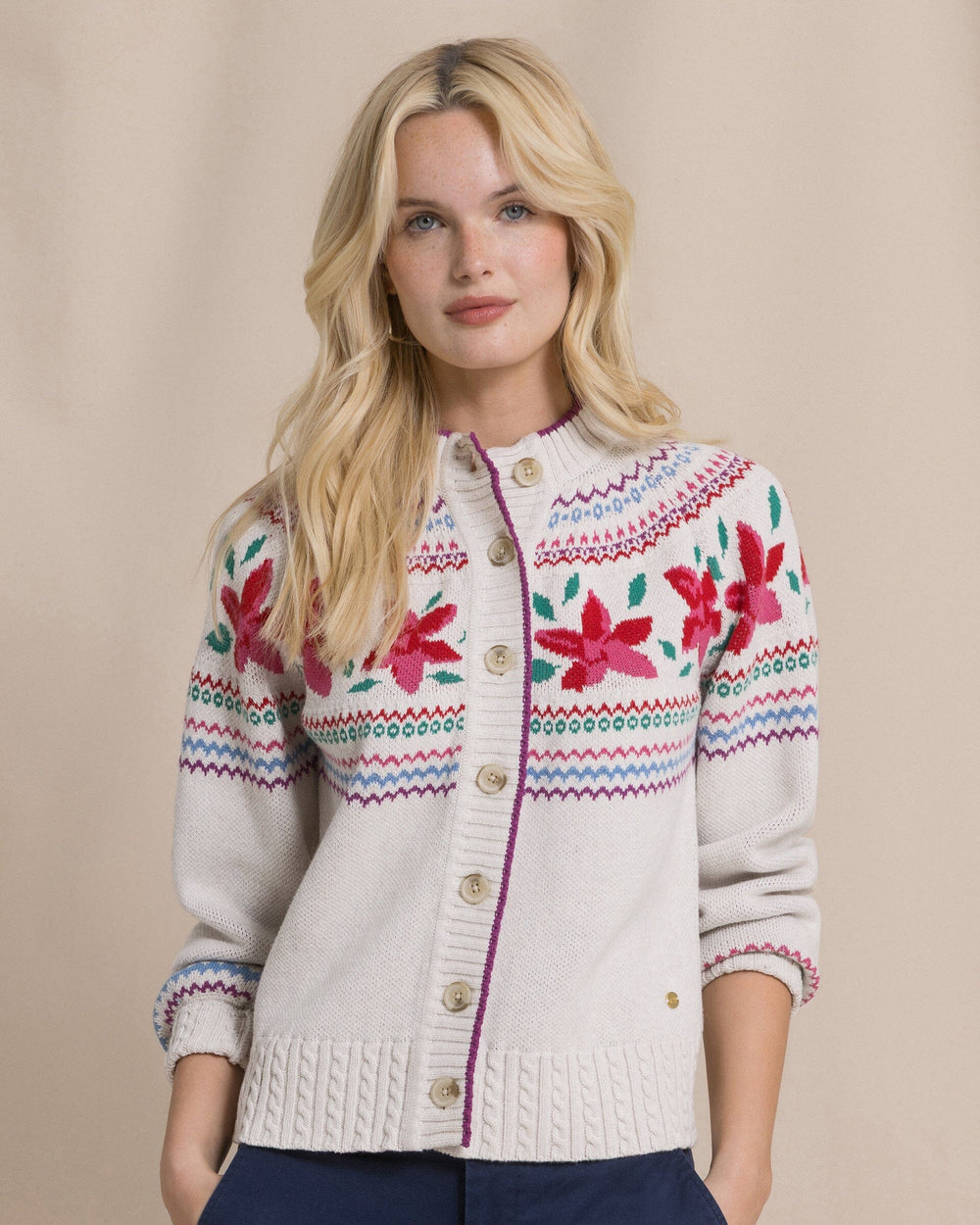 The front view of the Southern Tide Fair Isle Floral Cardigan by Southern Tide - Star White