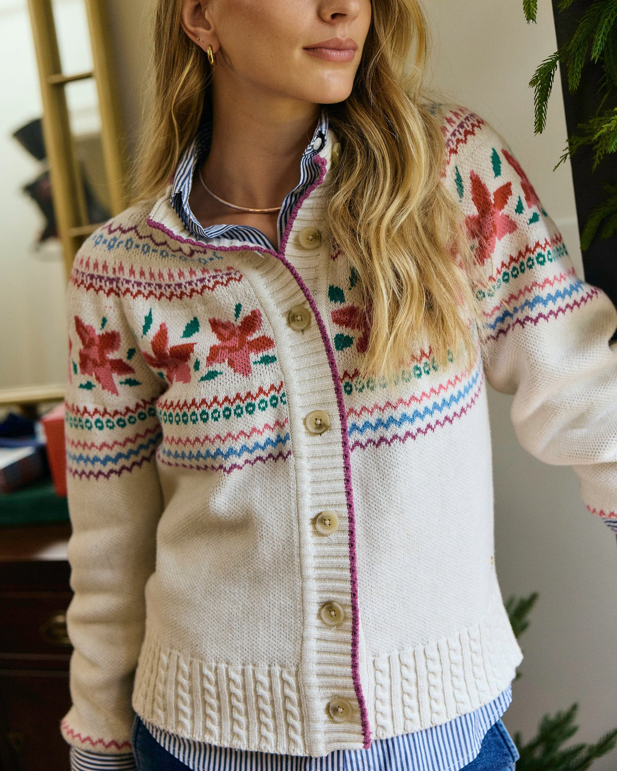 The lifestyle view of the Southern Tide Fair Isle Floral Cardigan by Southern Tide - Star White