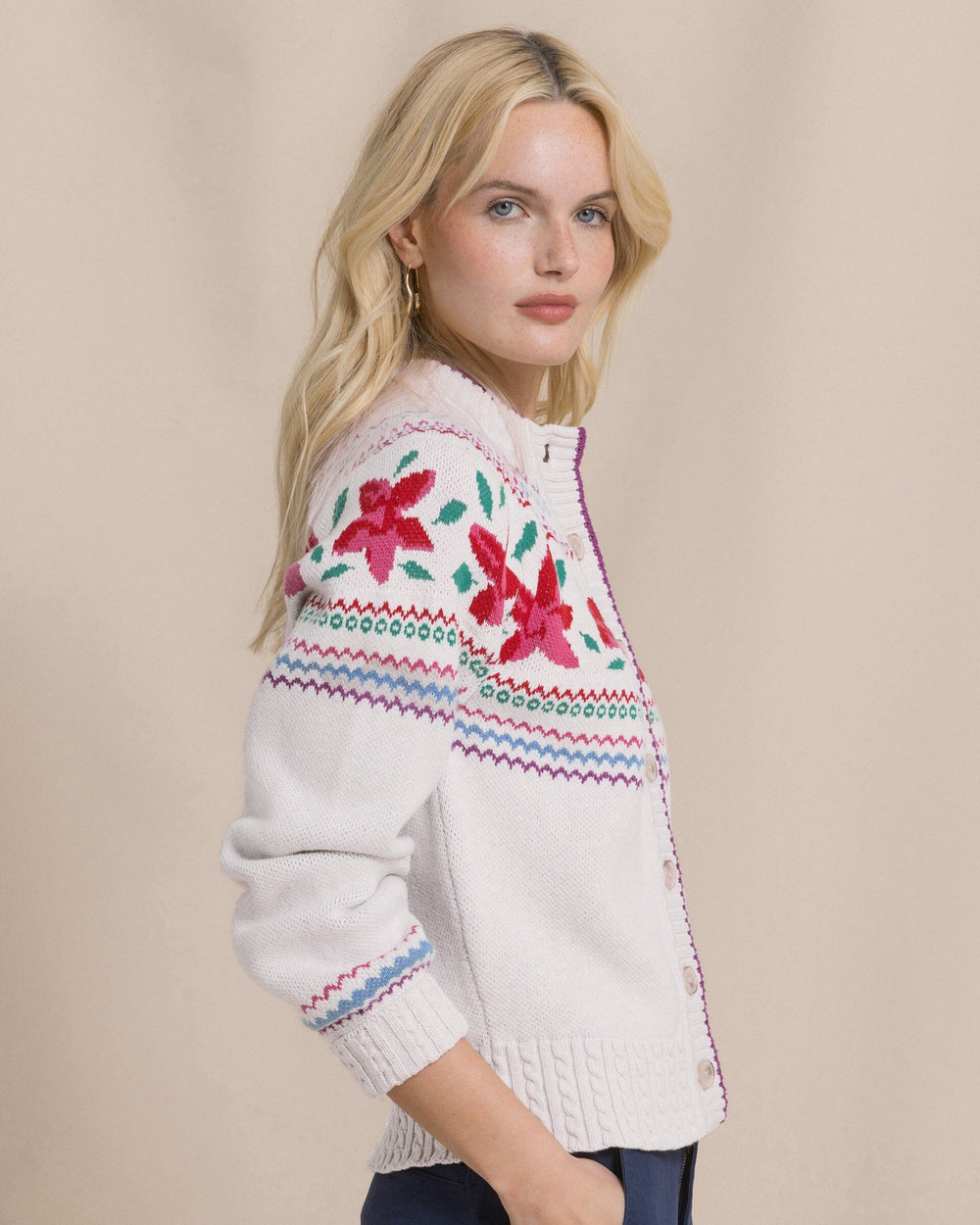The side view of the Southern Tide Fair Isle Floral Cardigan by Southern Tide - Star White