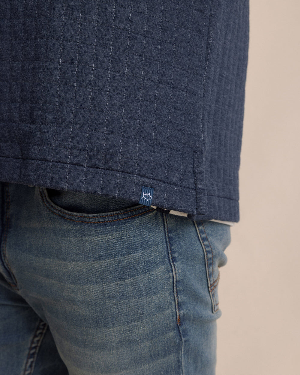 The detail view of the Southern Tide Fairwood Quilted Knit Shacket by Southern Tide - Dress Blue