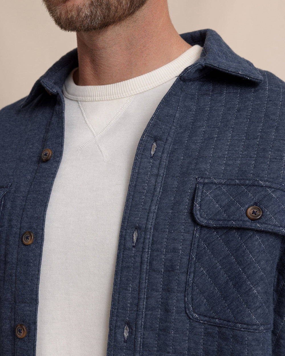 The detail view of the Southern Tide Fairwood Quilted Knit Shacket by Southern Tide - Dress Blue