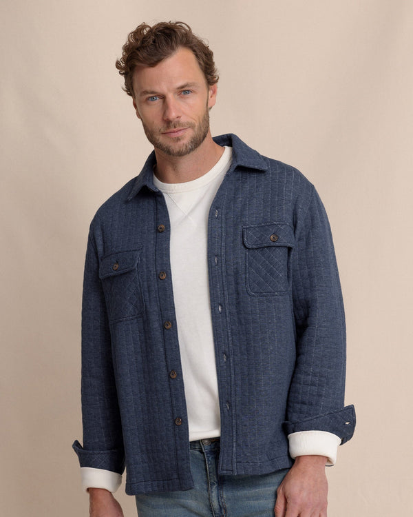 The front view of the Southern Tide Fairwood Quilted Knit Shacket by Southern Tide - Dress Blue