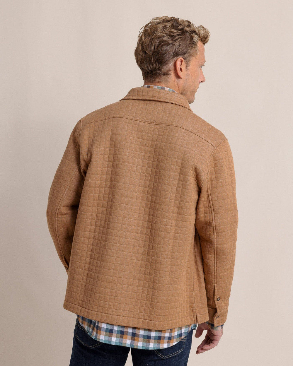 The back view of the Southern Tide Fairwood Quilted Knit Shacket by Southern Tide - Hazelnut Khaki