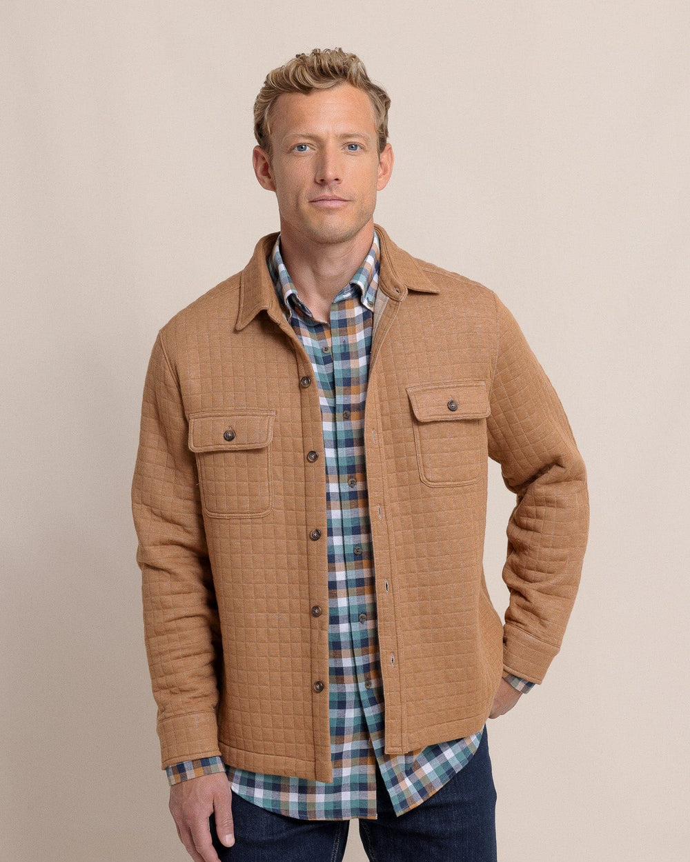 The front view of the Southern Tide Fairwood Quilted Knit Shacket by Southern Tide - Hazelnut Khaki