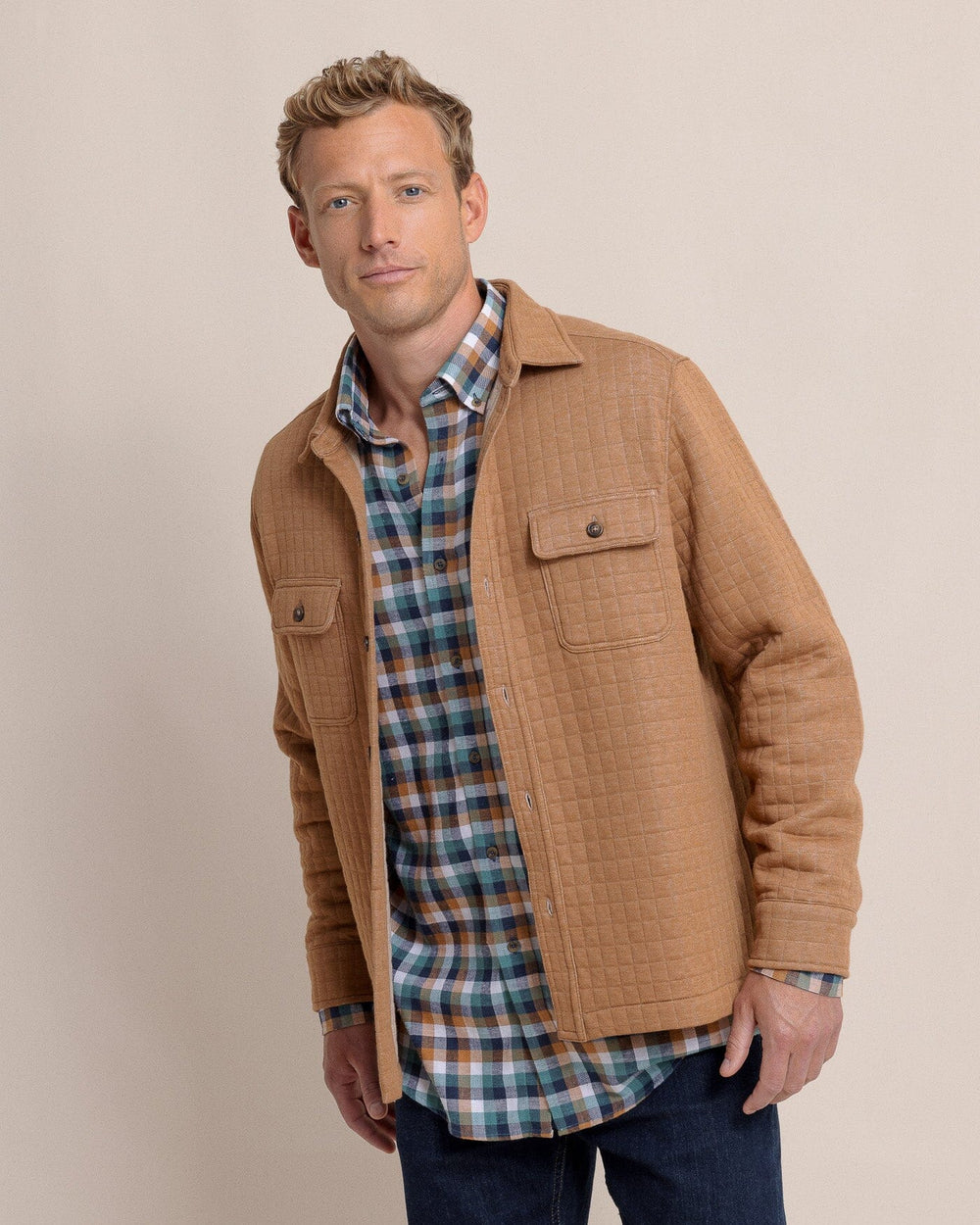 The front view of the Southern Tide Fairwood Quilted Knit Shacket by Southern Tide - Hazelnut Khaki