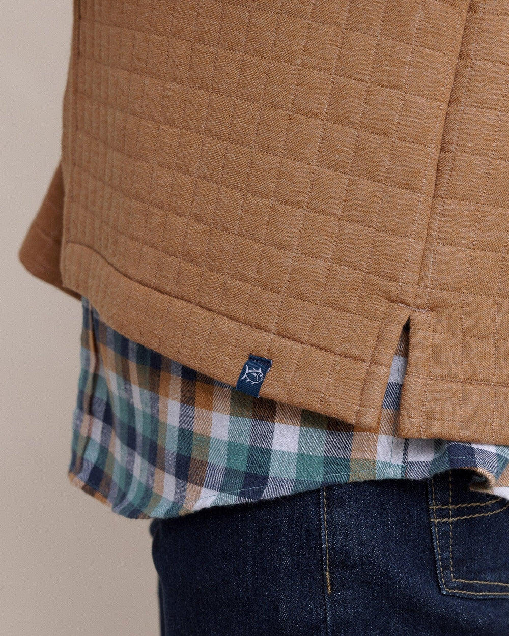 The hem view of the Southern Tide Fairwood Quilted Knit Shacket by Southern Tide - Hazelnut Khaki