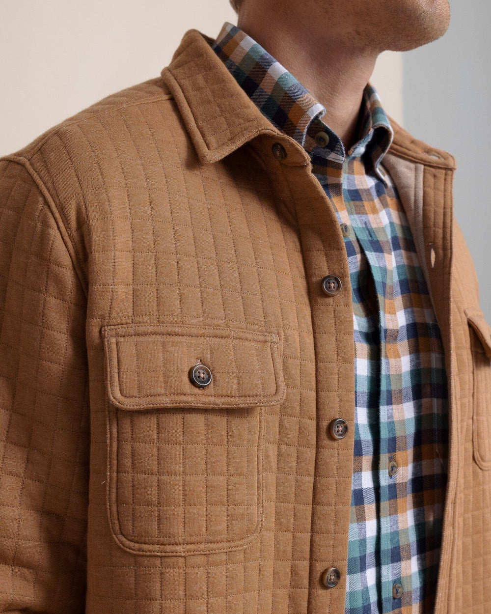 The pocket view of the Southern Tide Fairwood Quilted Knit Shacket by Southern Tide - Hazelnut Khaki