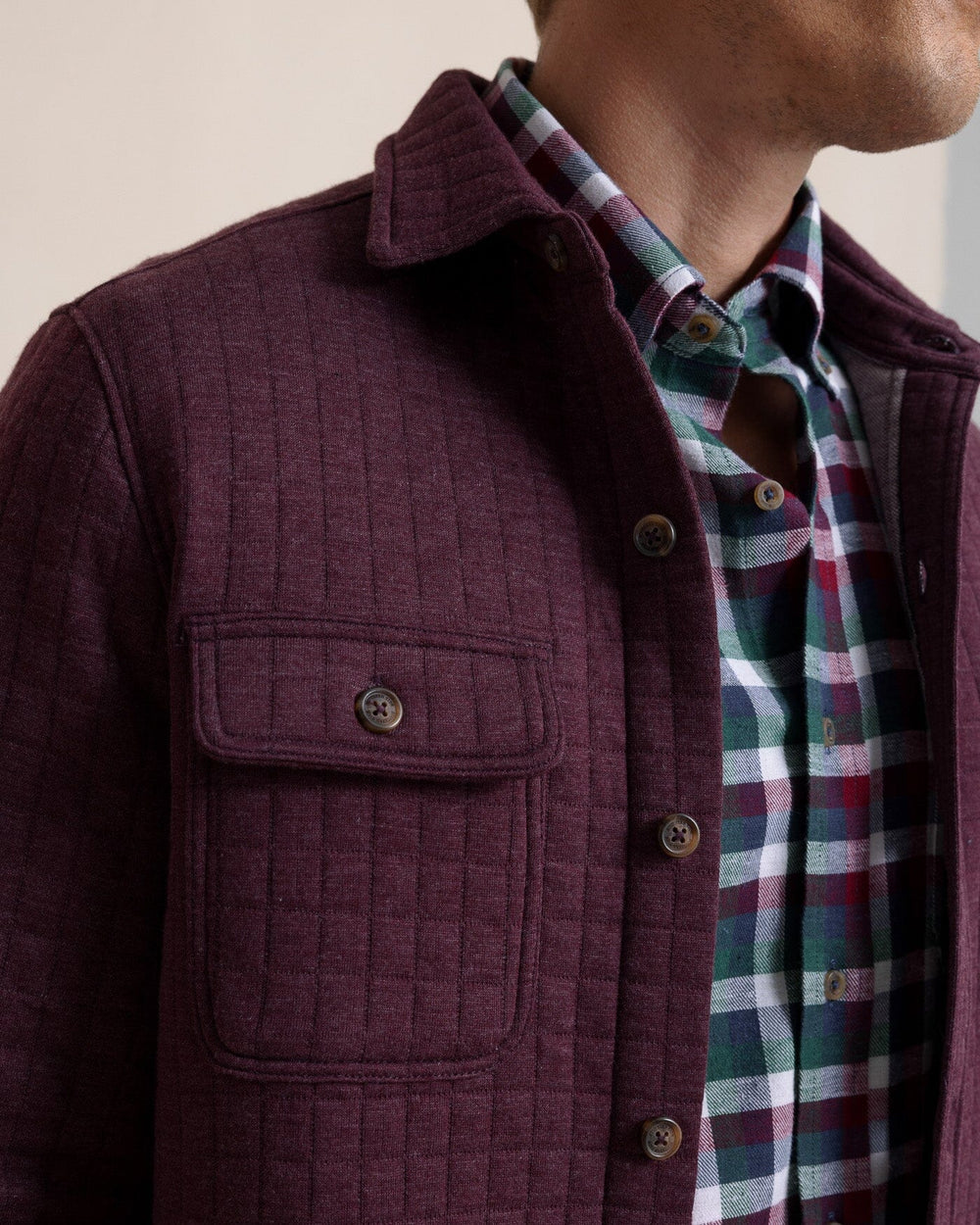 The pocket view of the Southern Tide Fairwood Quilted Knit Shacket by Southern Tide - Merlot