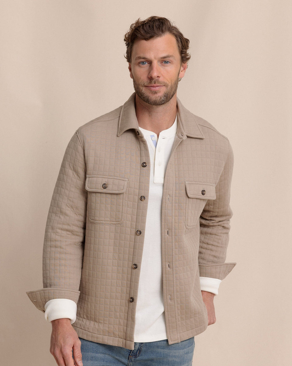 The front view of the Southern Tide Fairwood Quilted Knit Shacket by Southern Tide - Sandstone Khaki