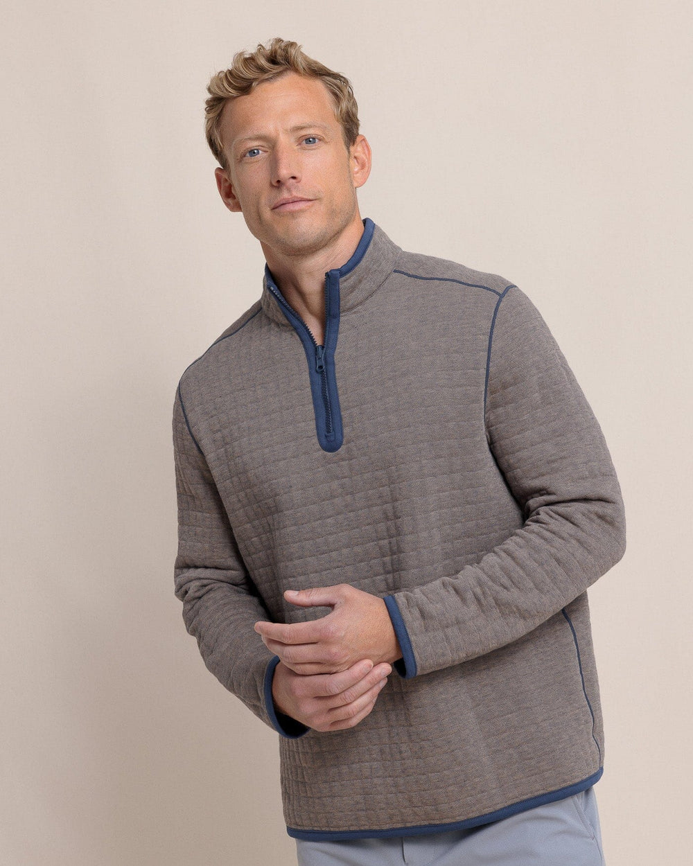 The side view of the Southern Tide Fairwood Reversible Quarter Zip by Southern Tide - Dress Blue