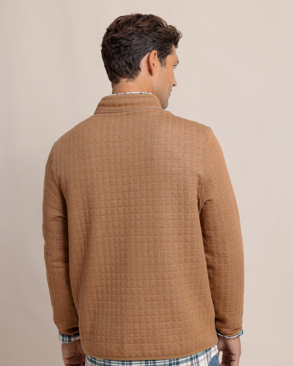 The back view of the Southern Tide Fairwood Reversible Quarter Zip by Southern Tide - Hazelnut Khaki