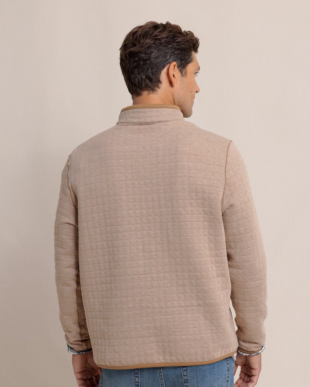 The back view of the Southern Tide Fairwood Reversible Quarter Zip by Southern Tide - Hazelnut Khaki