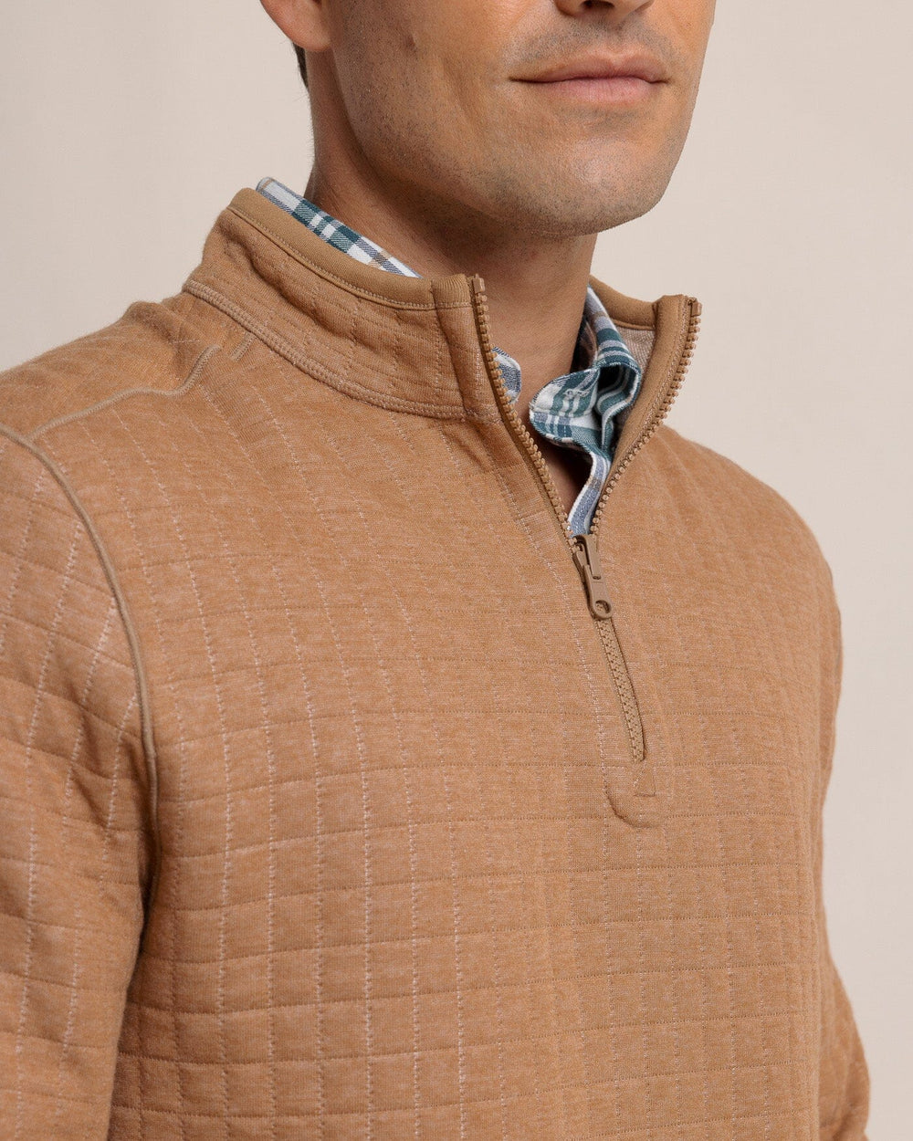 The detail view of the Southern Tide Fairwood Reversible Quarter Zip by Southern Tide - Hazelnut Khaki