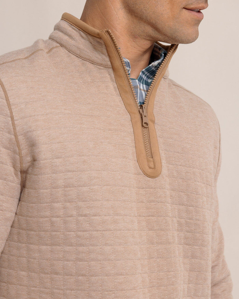 The detail view of the Southern Tide Fairwood Reversible Quarter Zip by Southern Tide - Hazelnut Khaki