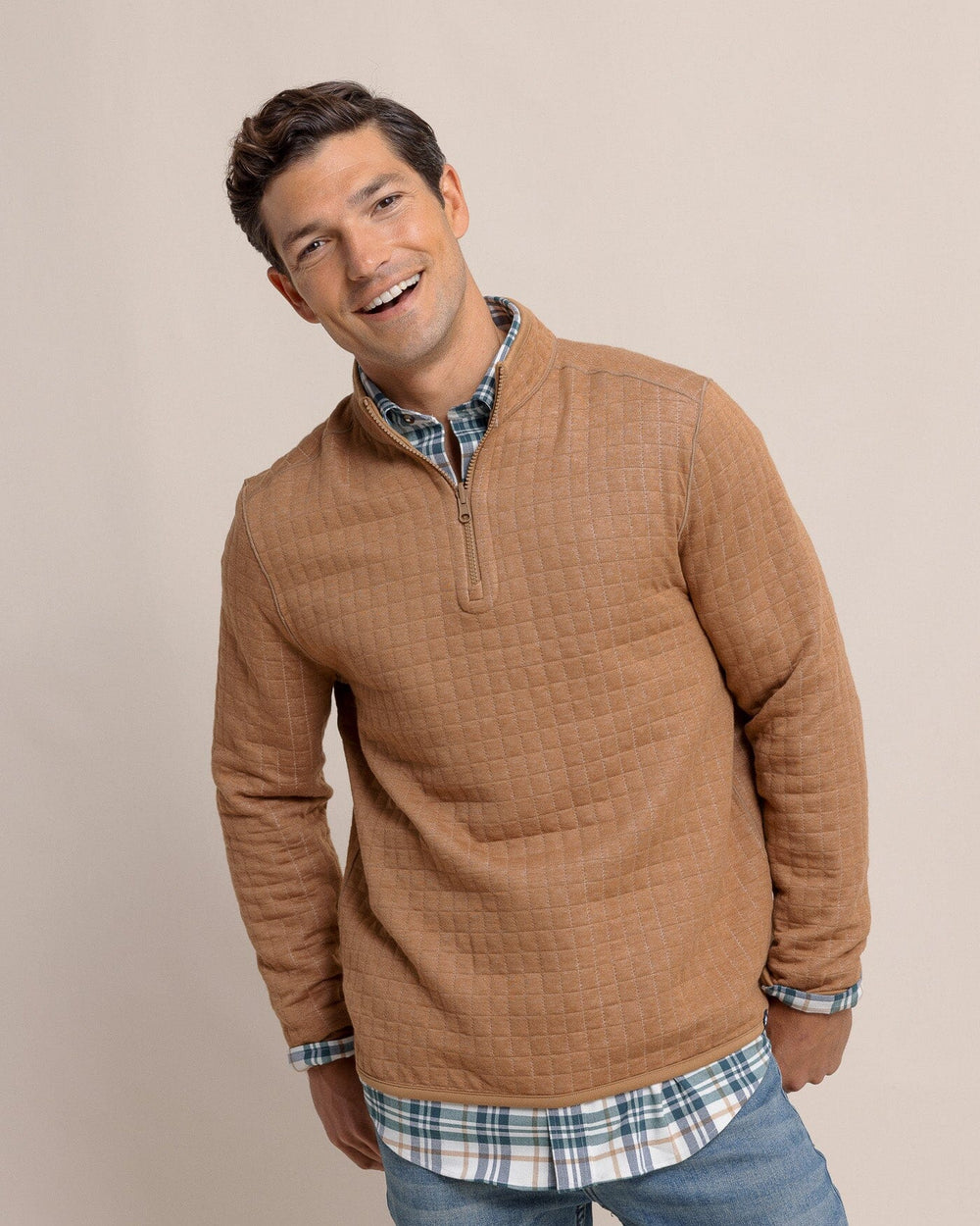 The front view of the Southern Tide Fairwood Reversible Quarter Zip by Southern Tide - Hazelnut Khaki