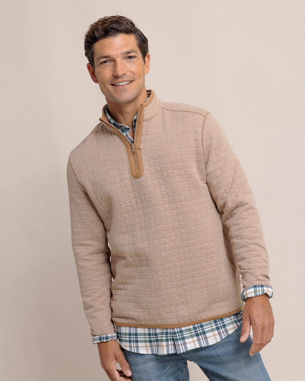 The front view of the Southern Tide Fairwood Reversible Quarter Zip by Southern Tide - Hazelnut Khaki