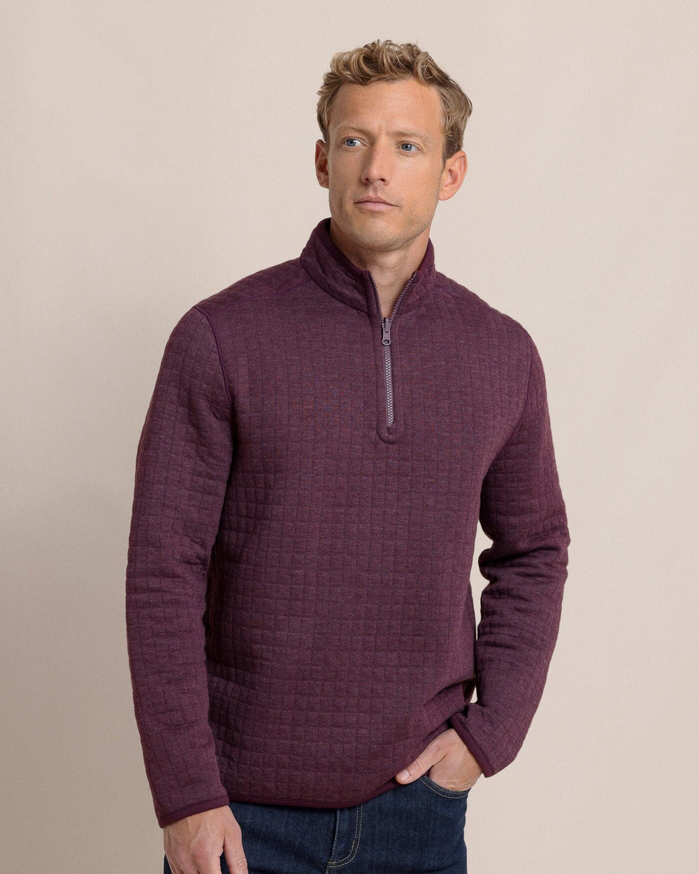 The side view of the Southern Tide Fairwood Reversible Quarter Zip by Southern Tide - Merlot