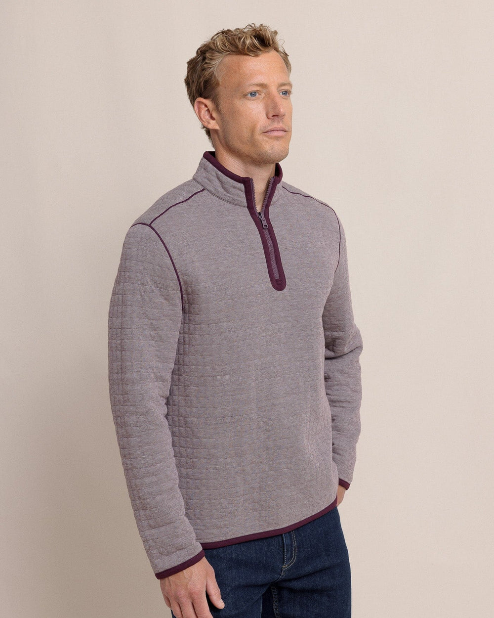 The side view of the Southern Tide Fairwood Reversible Quarter Zip by Southern Tide - Merlot