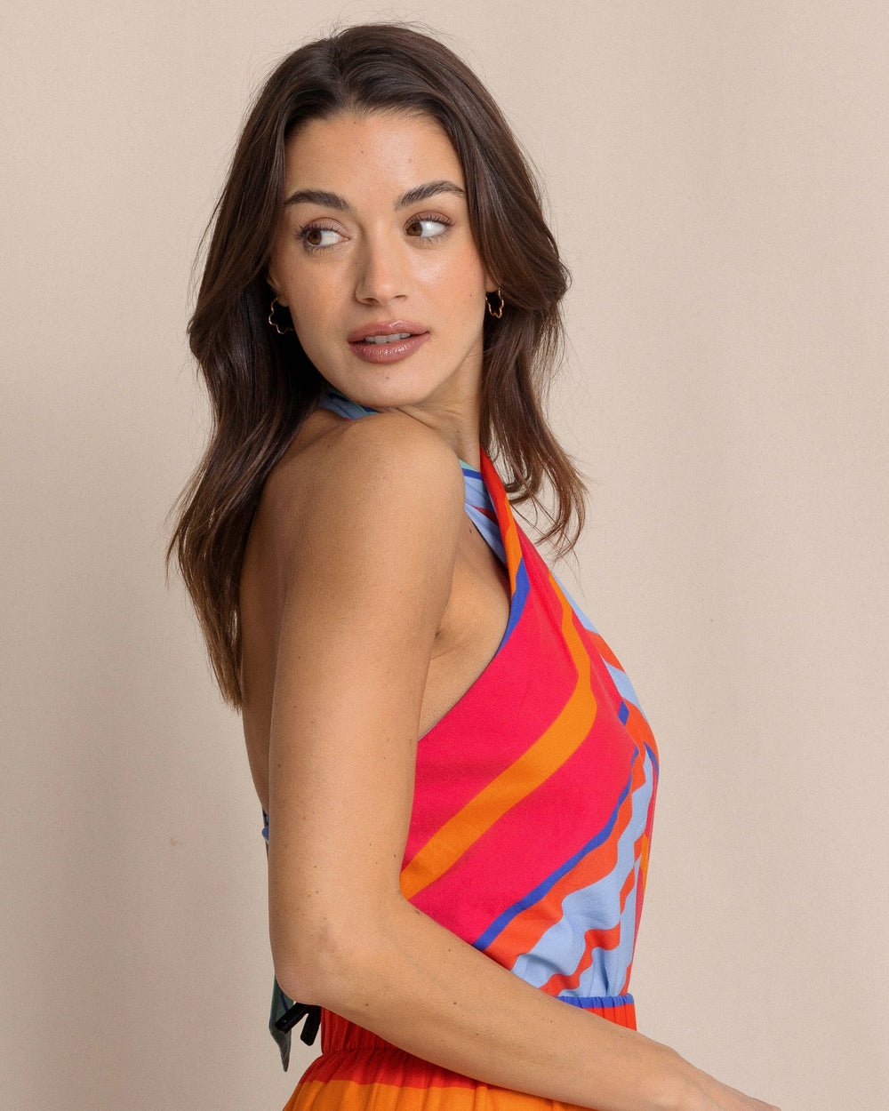 The side view of the Southern Tide Fallon Calypso Cay Stripe Halter Top by Southern Tide - Calypso Berry