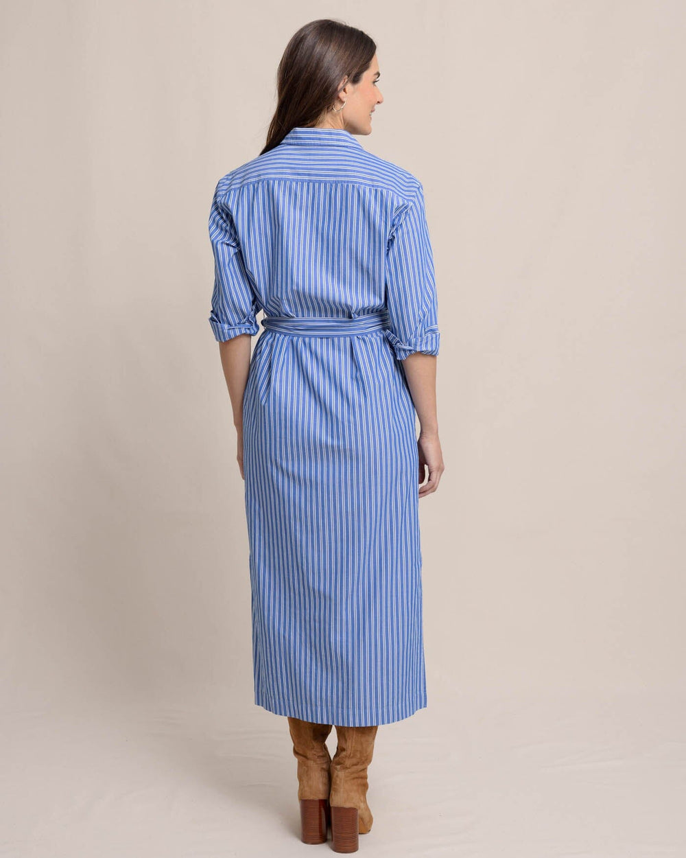 The back view of the Southern Tide Farren Striped Shirt Dress by Southern Tide - Blue Lolite