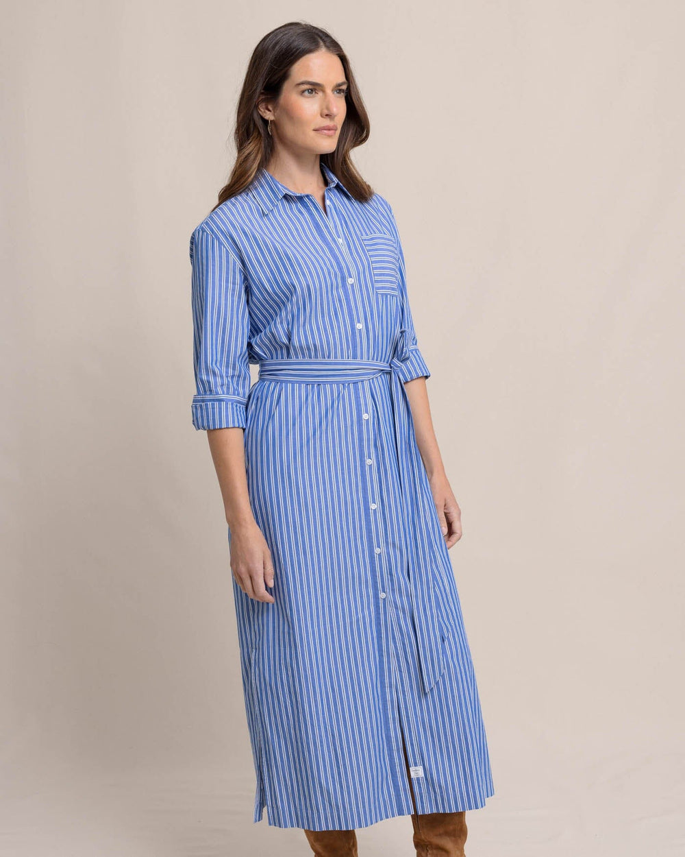 The front view of the Southern Tide Farren Striped Shirt Dress by Southern Tide - Blue Lolite