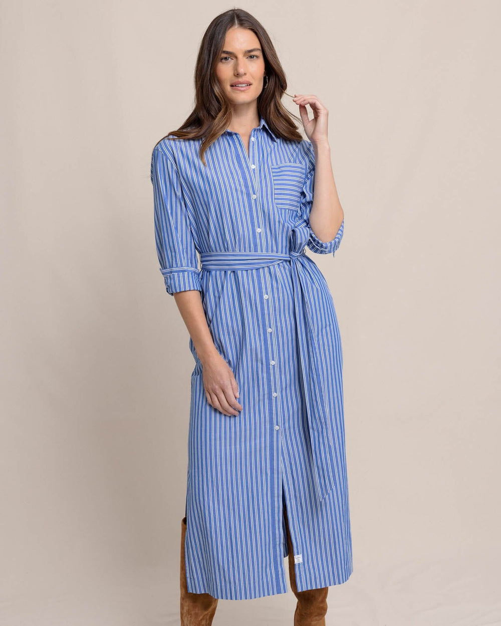 The front view of the Southern Tide Farren Striped Shirt Dress by Southern Tide - Blue Lolite