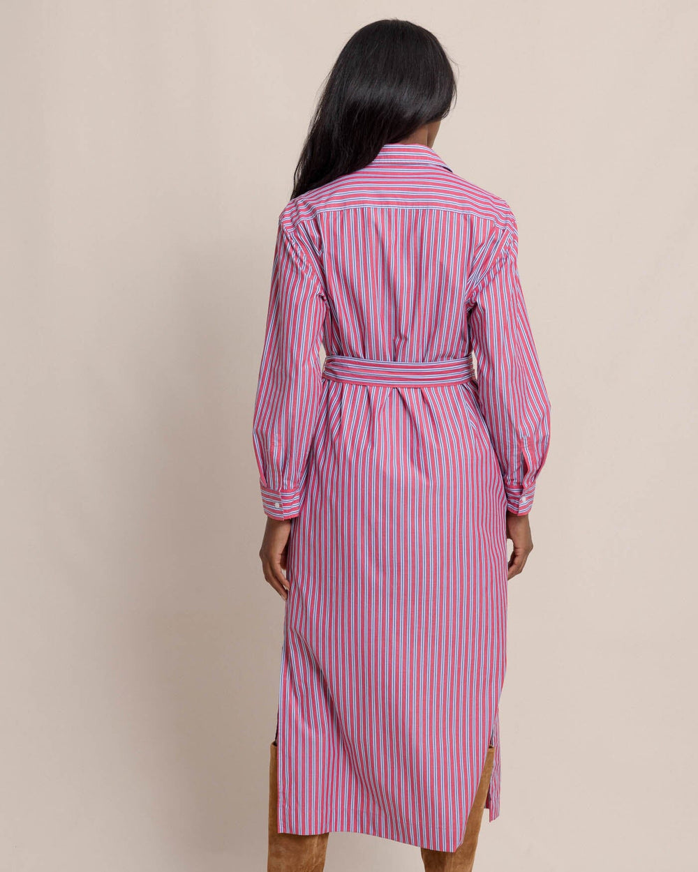 The back view of the Southern Tide Farren Striped Shirt Dress by Southern Tide - Raspberry Wine