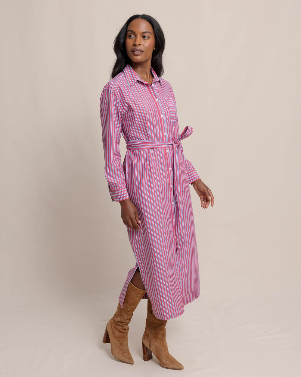 The front view of the Southern Tide Farren Striped Shirt Dress by Southern Tide - Raspberry Wine