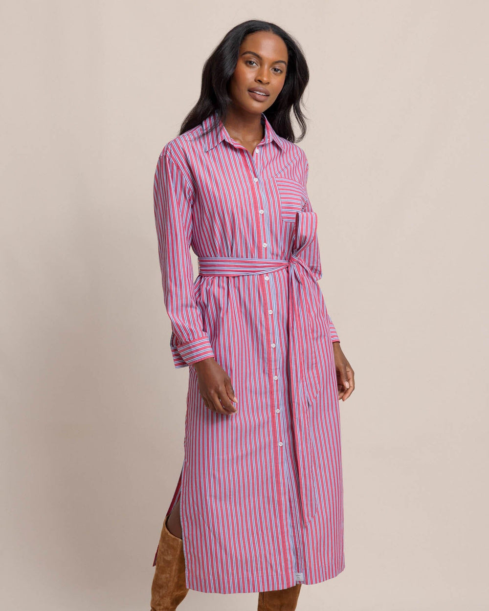 The front view of the Southern Tide Farren Striped Shirt Dress by Southern Tide - Raspberry Wine