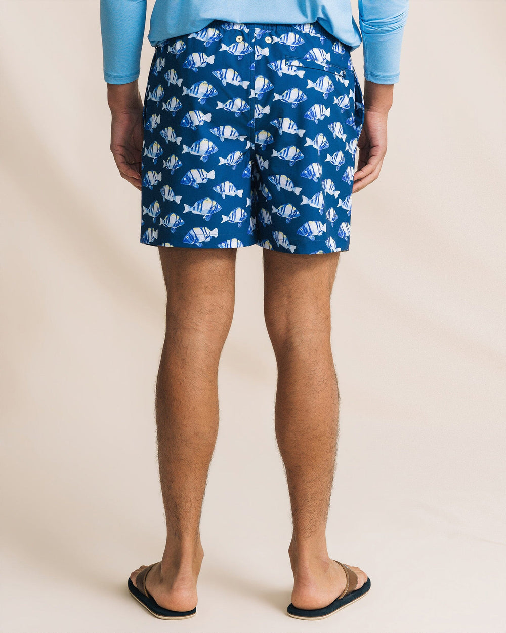 The back view of the Southern Tide Feeling Fintastic Maritime Swim Trunk by Southern Tide - Nautical Blue