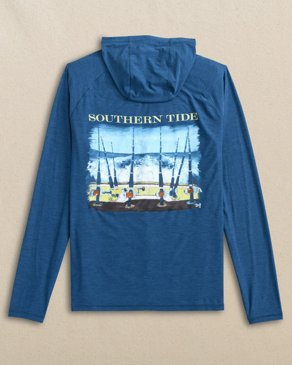 The back view of the Southern Tide Fishing Lines Coastal Breeze® Performance Hoodie by Southern Tide - Nautical Blue