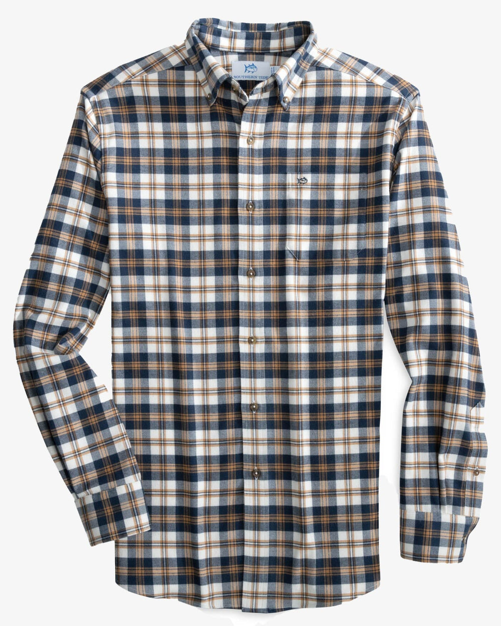 The front view of the Southern Tide Flannel Intercoastal Durant Plaid Long Sleeve Sportshirt by Southern Tide - Dress Blue