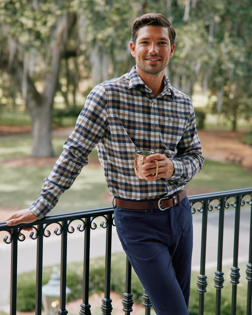 The front view of the Southern Tide Flannel Intercoastal Durant Plaid Long Sleeve Sportshirt by Southern Tide - Dress Blue