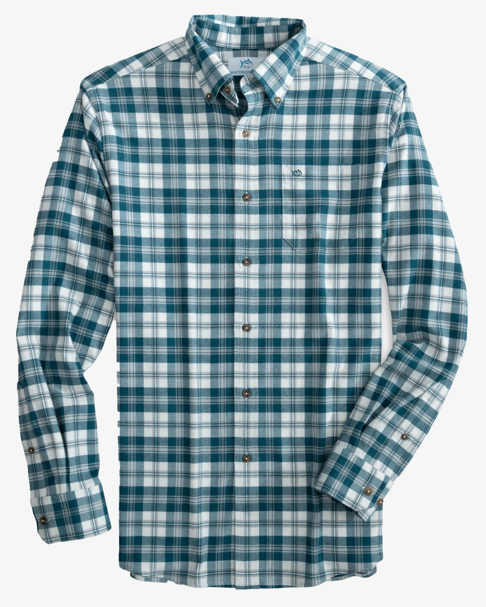 The front view of the Southern Tide Flannel Intercoastal Durant Plaid Long Sleeve Sportshirt by Southern Tide - Georgian Bay Green