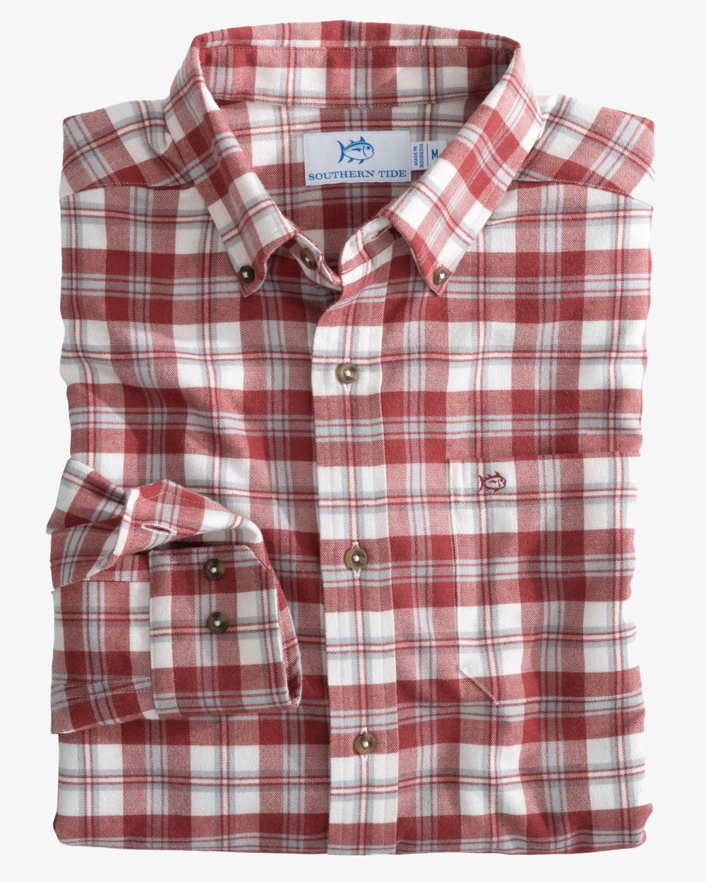 The front view of the Southern Tide Flannel Intercoastal Durant Plaid Long Sleeve Sportshirt by Southern Tide - Tuscany Red
