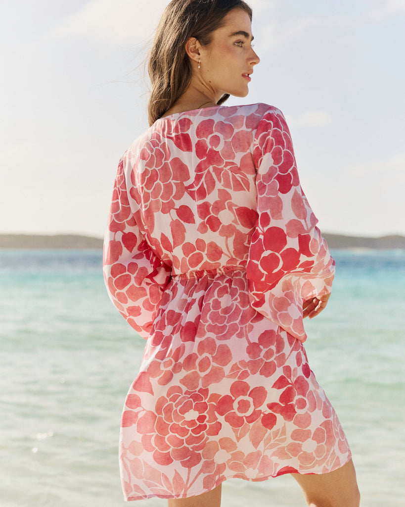 Women's Floral Bell Sleeve Short Tunic Cover-Up