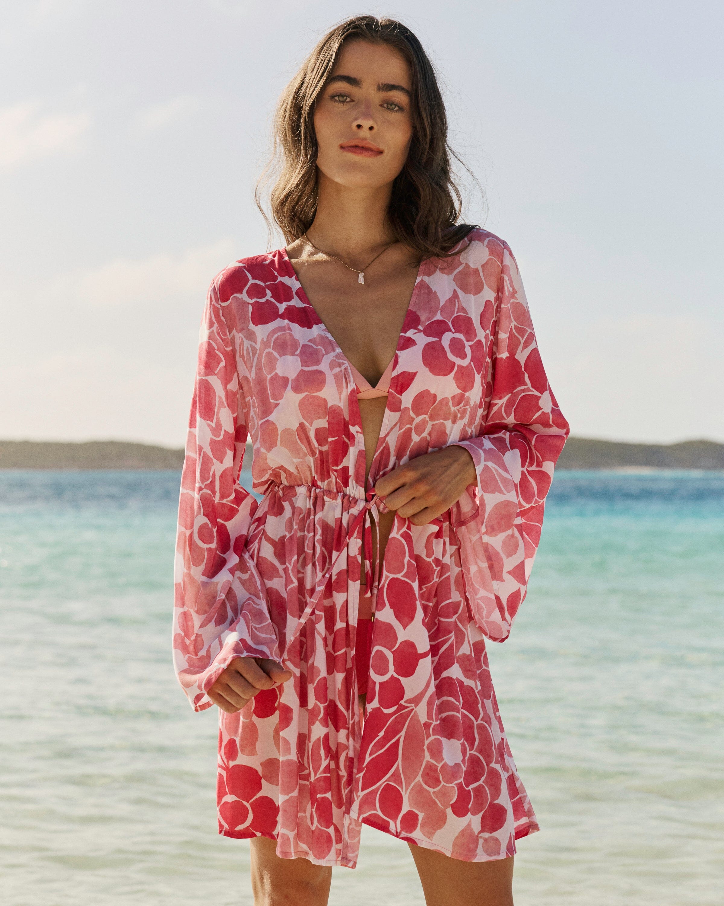Women's Floral Bell Sleeve Short Tunic Cover-Up