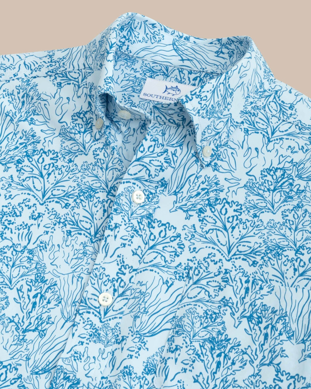 The detail view of the Southern Tide Floral Coral Intercoastal Short Sleeve Sport Shirt by Southern Tide - Chilled Blue