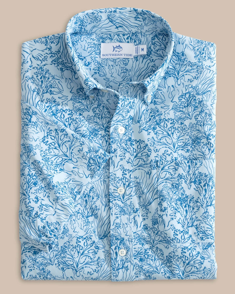 The front view of the Southern Tide Floral Coral Intercoastal Short Sleeve Sport Shirt by Southern Tide - Chilled Blue