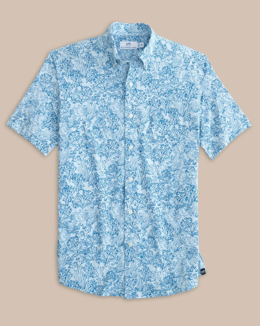 The front view of the Southern Tide Floral Coral Intercoastal Short Sleeve Sport Shirt by Southern Tide - Chilled Blue