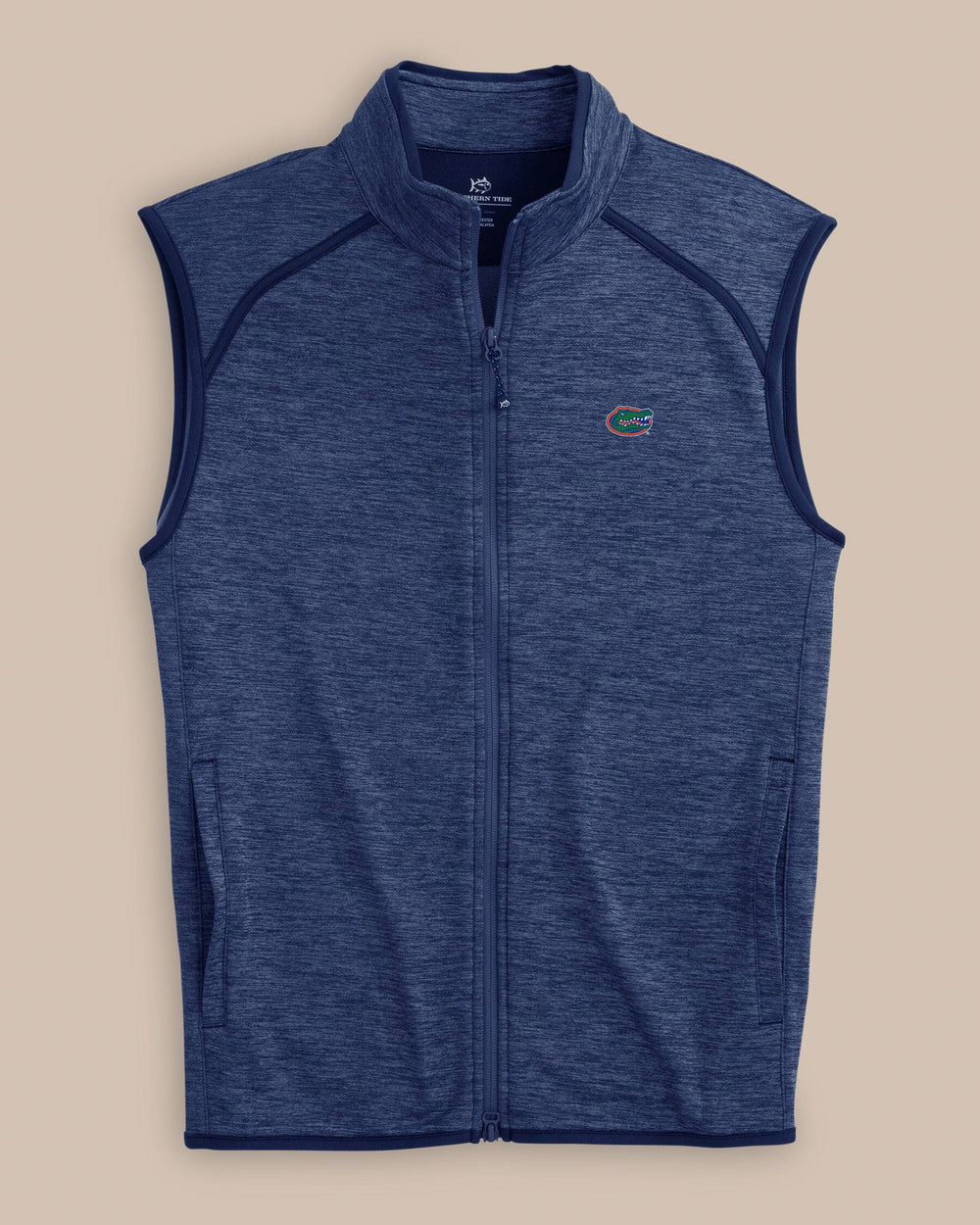 The front view of the Southern Tide Florida Gators Baybrook Heather Vest by Southern Tide - Heather Navy