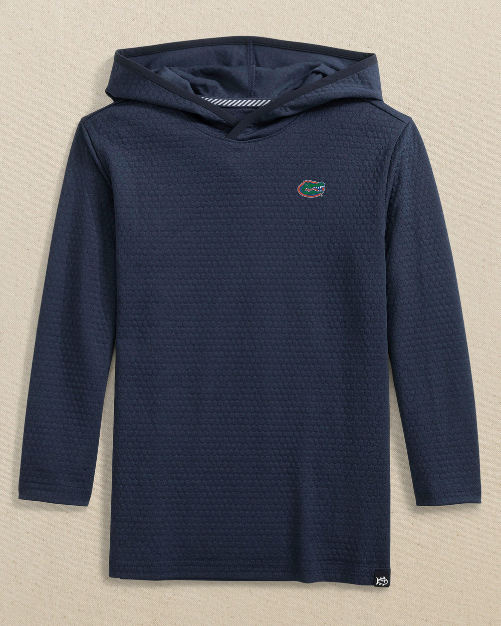 The front view of the Southern Tide Florida Gators Boys Scuttle Hoodie by Southern Tide - Heather True Navy
