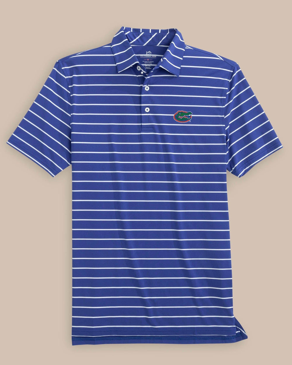 The front view of the Florida Gators brrr°®-eeze Desmond Stripe Polo by Southern Tide - University Blue