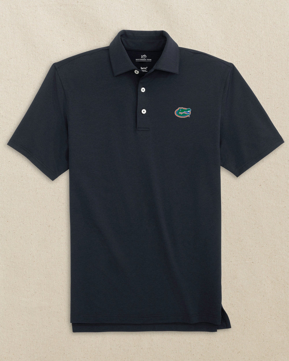 The front view of the Southern Tide Florida Gators brrr°®-eeze Heather Performance Polo by Southern Tide - Heather Caviar Black
