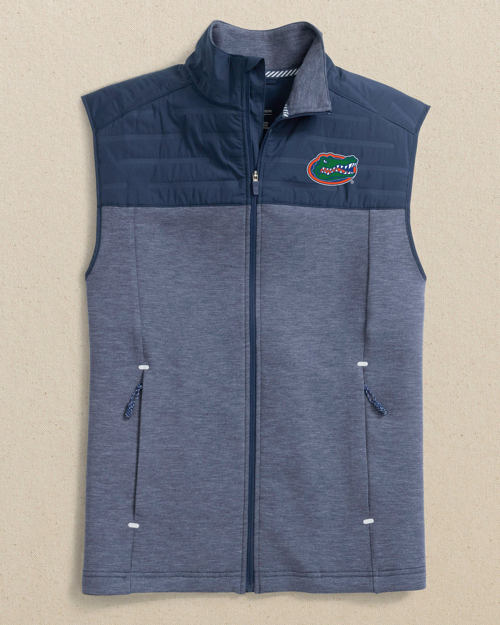 The front view of the Southern Tide Florida Gators Coligny Quilted Vest by Southern Tide - Dress Blue
